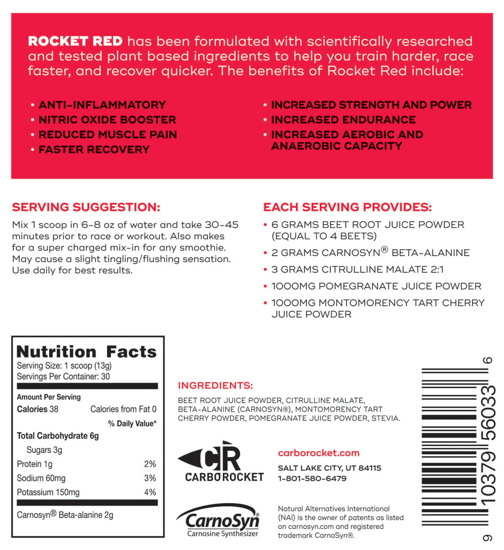 Back label of Rocket Red supplement with benefits, serving suggestion, nutrition facts, and ingredients listed.