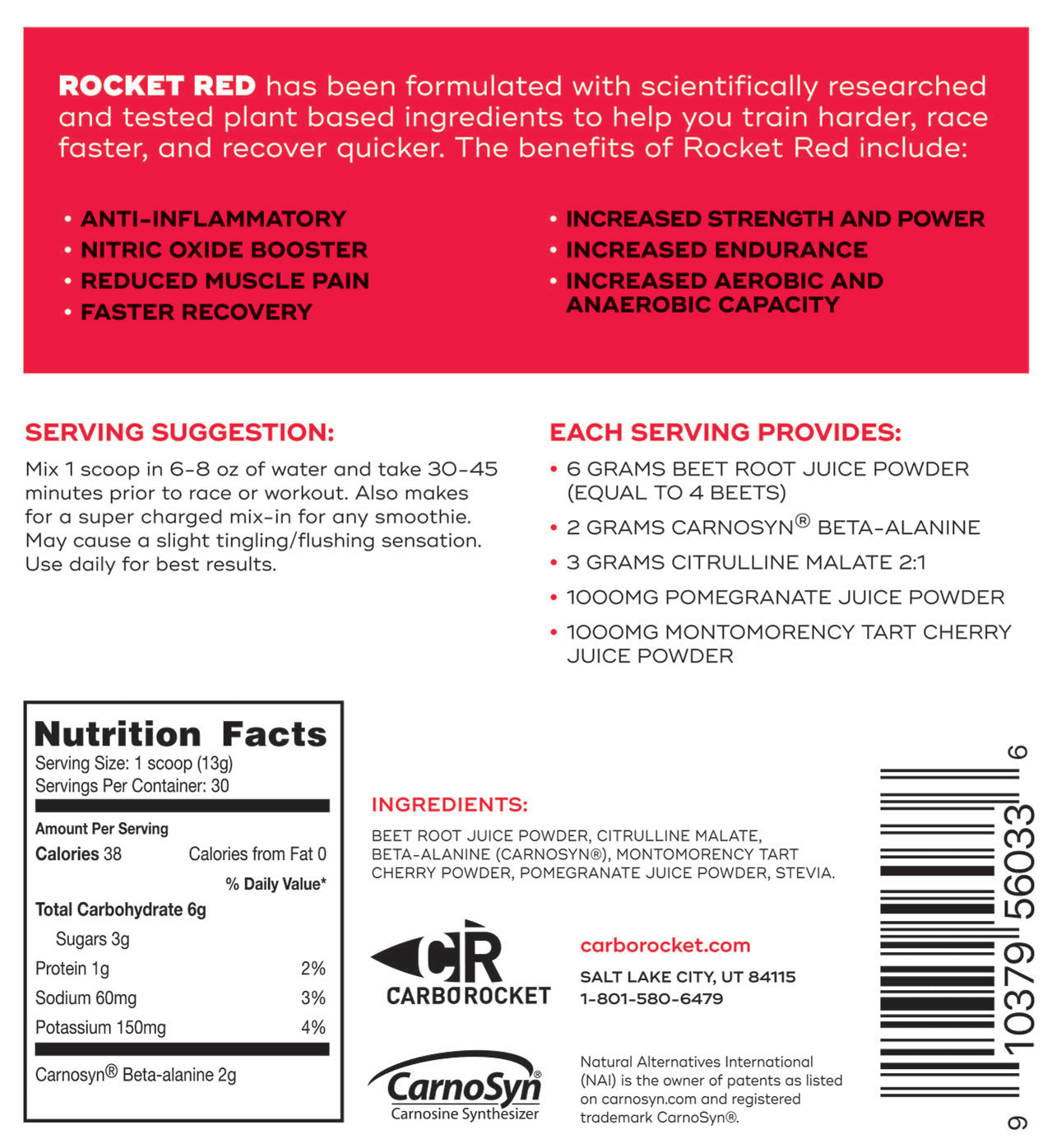 Back label of Rocket Red supplement with benefits, serving suggestion, nutrition facts, and ingredients listed.